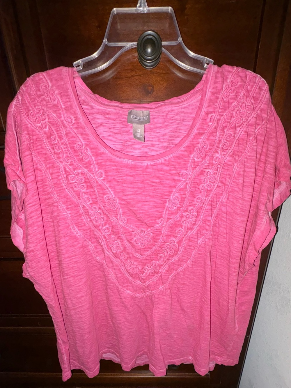 Chico's Bright Pink Embroidered Scoop-Neck Tee